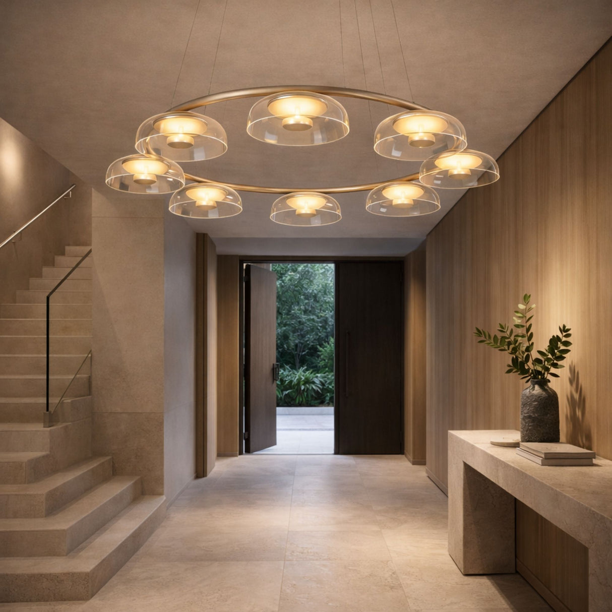 A modern, minimalist entryway with beige stone floors, a left-side staircase, a right-side console table with a vase and greenery, and the Blossom 6/8 LED Glass Chandelier - Gold with circular shades hanging from the ceiling.