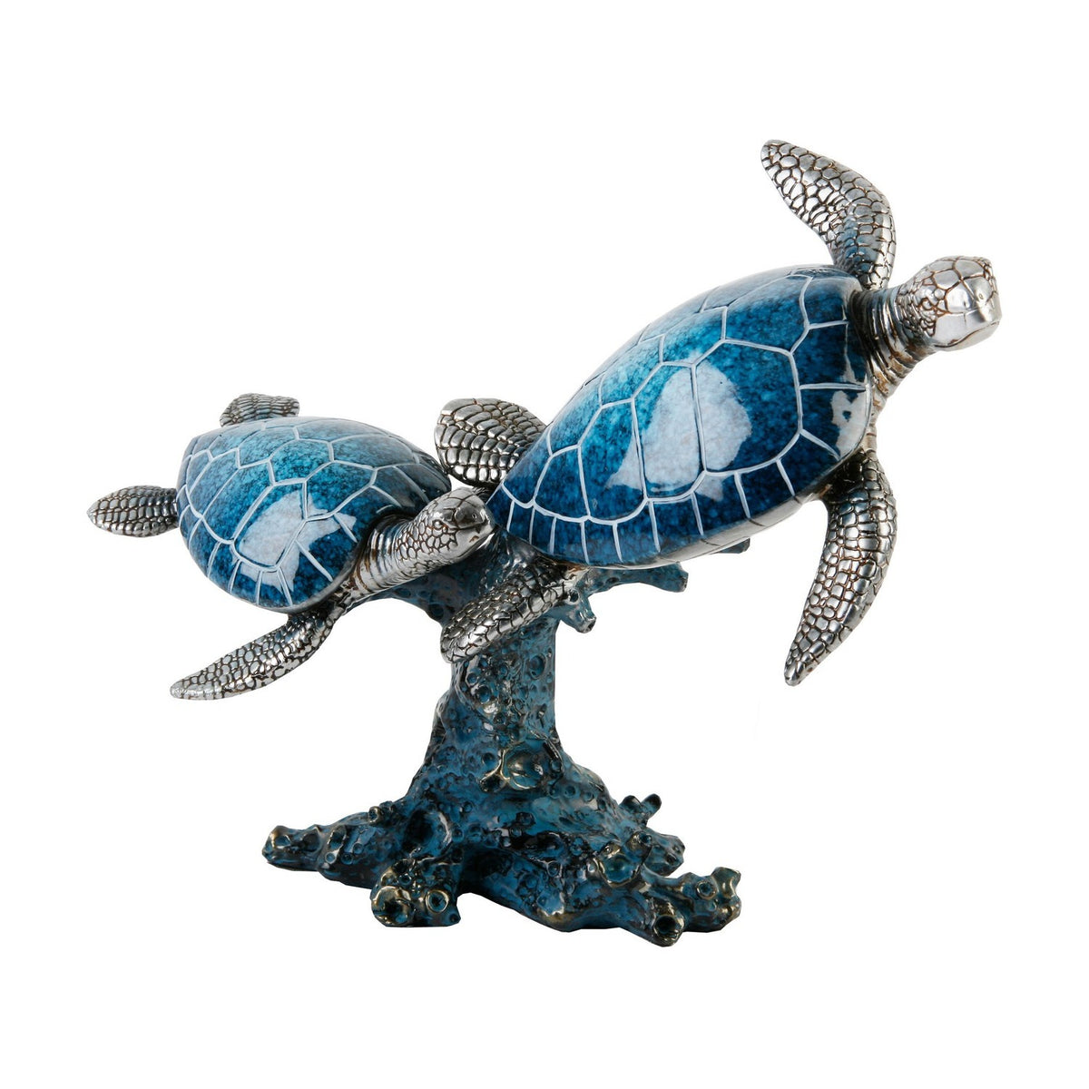 Resin figurine of two swimming turtles on a coral-style base, with glossy blue marbled shells and textured silver heads and flippers, set against a plain white background.