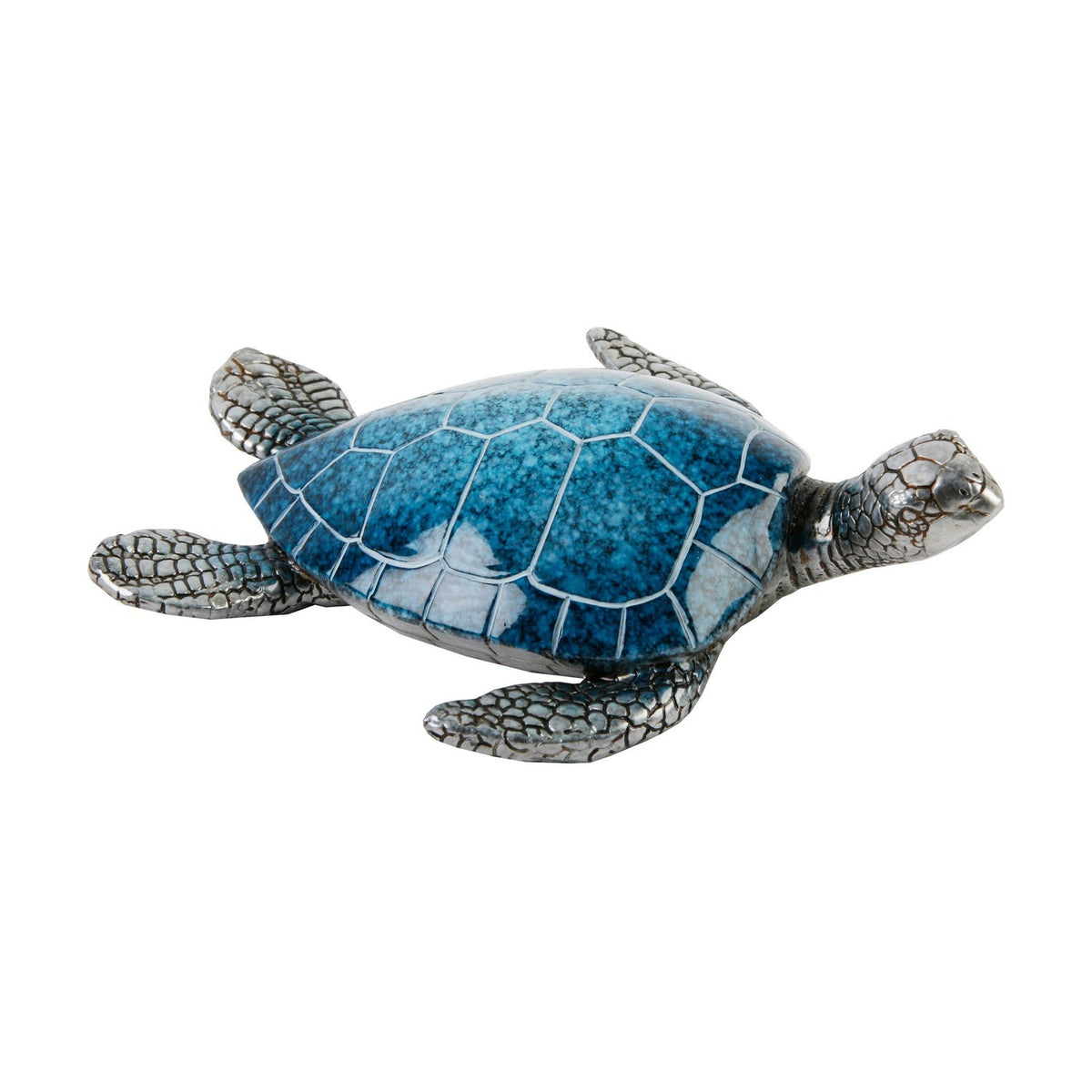 Polished Stone Effect Resin Turtle Figurine 17cm in Blue, featuring a glossy speckled blue shell with pale shell-plate lines and textured silver head and flippers, shown on a plain white background.