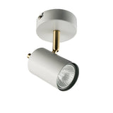 Endon Radnor single spotlight in matt white with adjustable cylindrical head, brass stem and round ceiling plate, GU10 fitting, on a plain background.