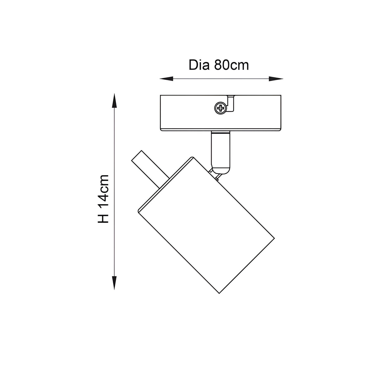 Dimensioned line drawing of the Endon Radnor Single Spotlight in matt white, showing 80mm diameter and 14cm height with adjustable head.