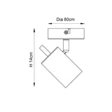 Dimensioned line drawing of the Endon Radnor Single Spotlight in matt white, showing 80mm diameter and 14cm height with adjustable head.