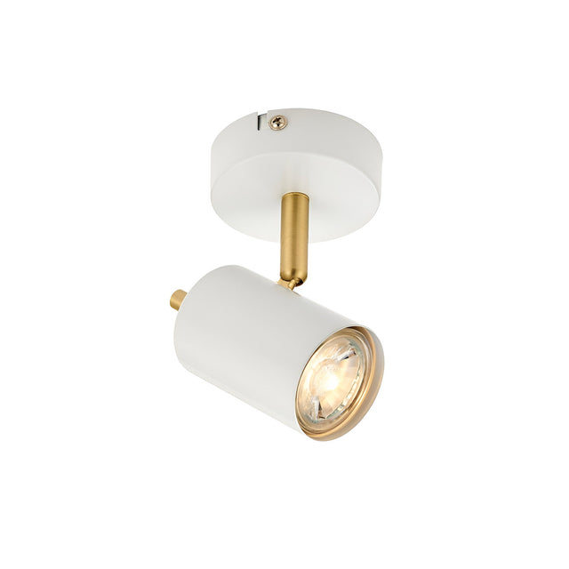 Endon Radnor single spotlight in matt white with brass accents and an adjustable GU10 head, shown on a plain white background.