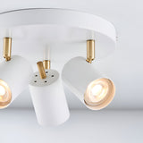 Endon Radnor 3 light round spotlight in matt white with brass fittings and three adjustable GU10 heads on a circular ceiling plate.