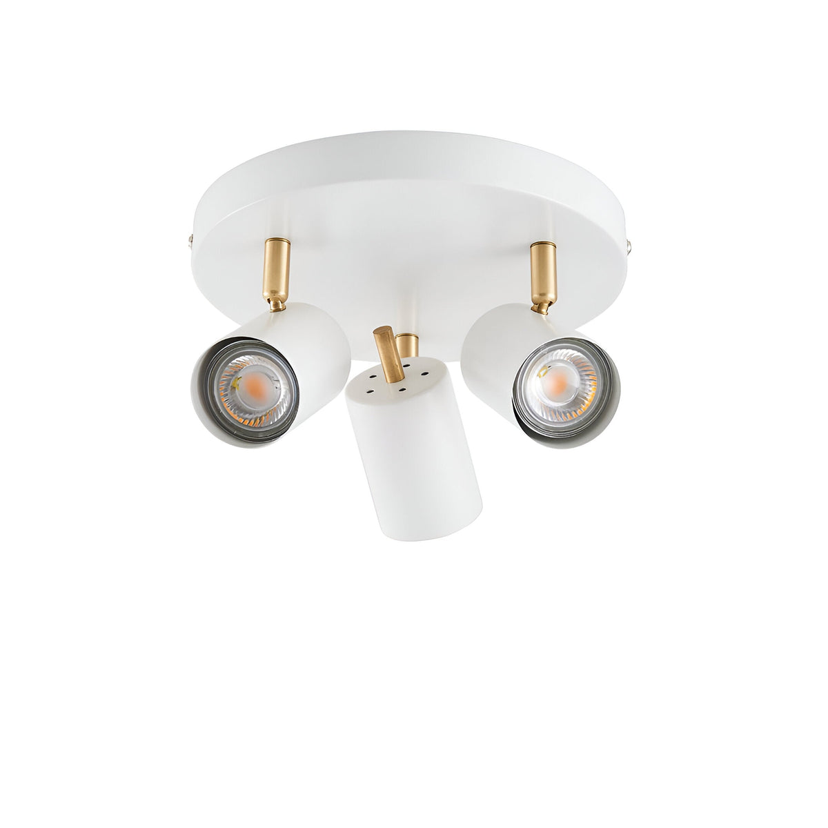 Endon Radnor 3 light round spotlight in matt white with three adjustable GU10 heads and brass fittings on a circular ceiling plate.