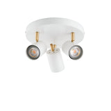 Endon Radnor 3 light round spotlight in matt white with three adjustable GU10 heads and brass fittings on a circular ceiling plate.