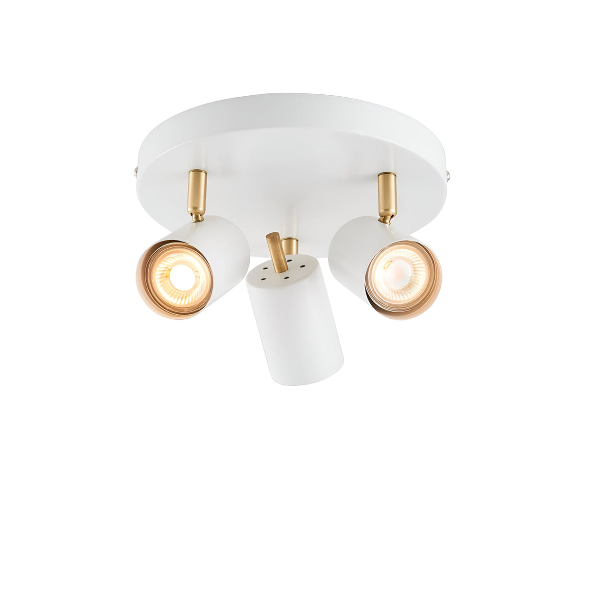 Endon Radnor 3 light round spotlight in matt white with brass fittings and three adjustable GU10 heads on a circular ceiling plate.