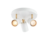 Endon Radnor 3 light round spotlight in matt white with brass fittings and three adjustable GU10 heads on a circular ceiling plate.