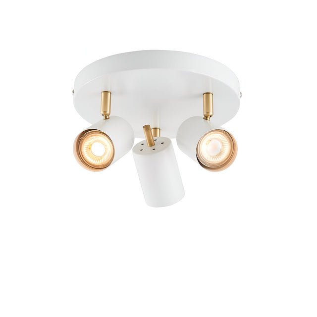 Endon Radnor 3 light round spotlight in matt white with brass fittings and three adjustable GU10 heads on a circular ceiling plate.