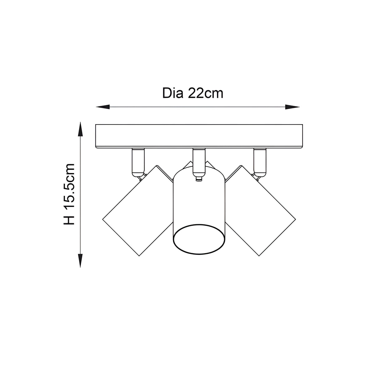 Dimension diagram of the Endon Radnor 3 Light Round Spotlight in matt white, showing 22cm diameter and 15.5cm height.