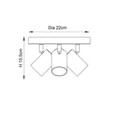 Dimension diagram of the Endon Radnor 3 Light Round Spotlight in matt white, showing 22cm diameter and 15.5cm height.