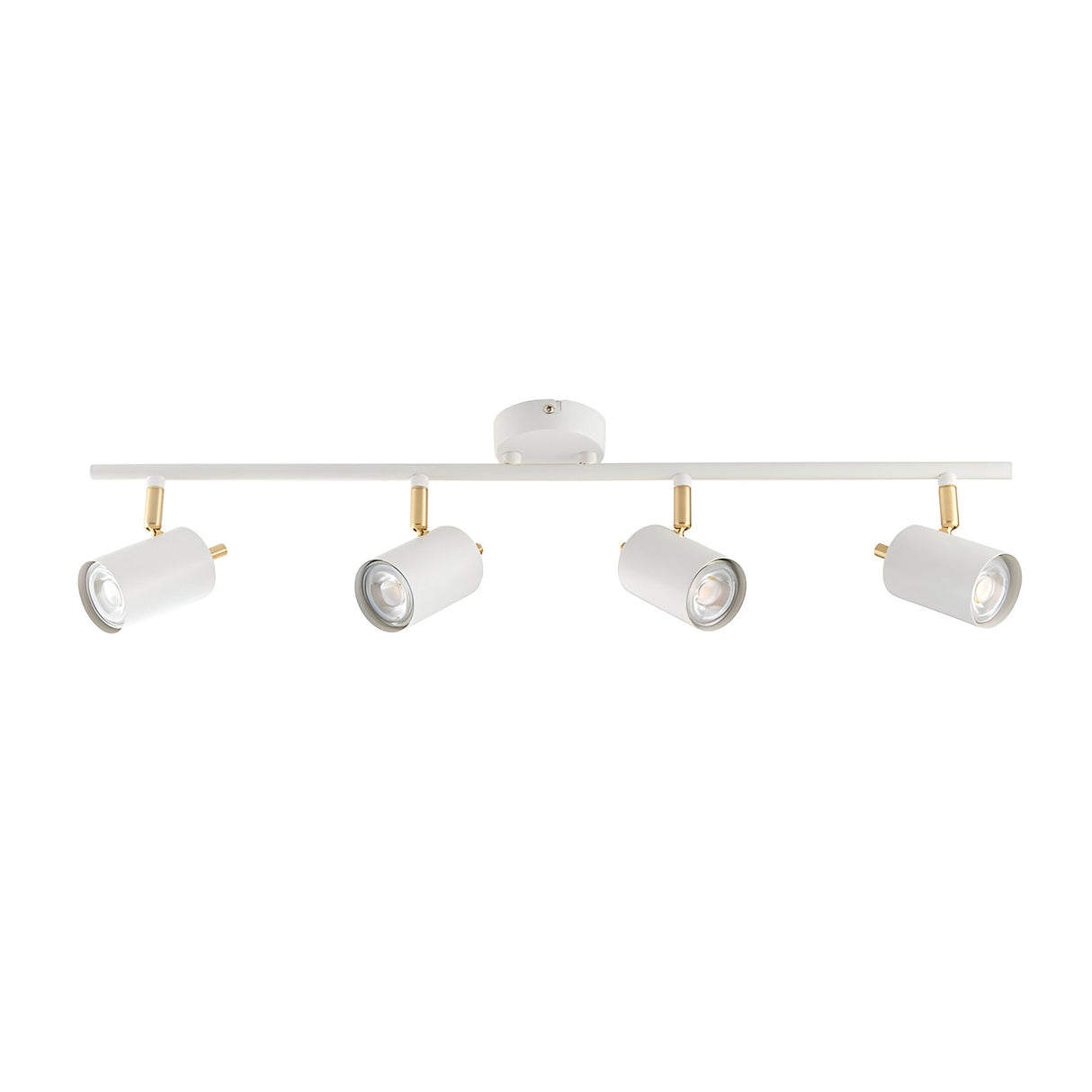 Endon Radnor 4 light spotlight bar in matt white with brass detailing and four adjustable GU10 heads, shown on a plain white background.