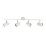 Endon Radnor 4 light spotlight bar in matt white with brass detailing and four adjustable GU10 heads, shown on a plain white background.