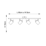Dimension diagram of the Endon Radnor 4 Light Spotlight Bar in matt white, showing 66cm length, 8cm width, and 18cm height.