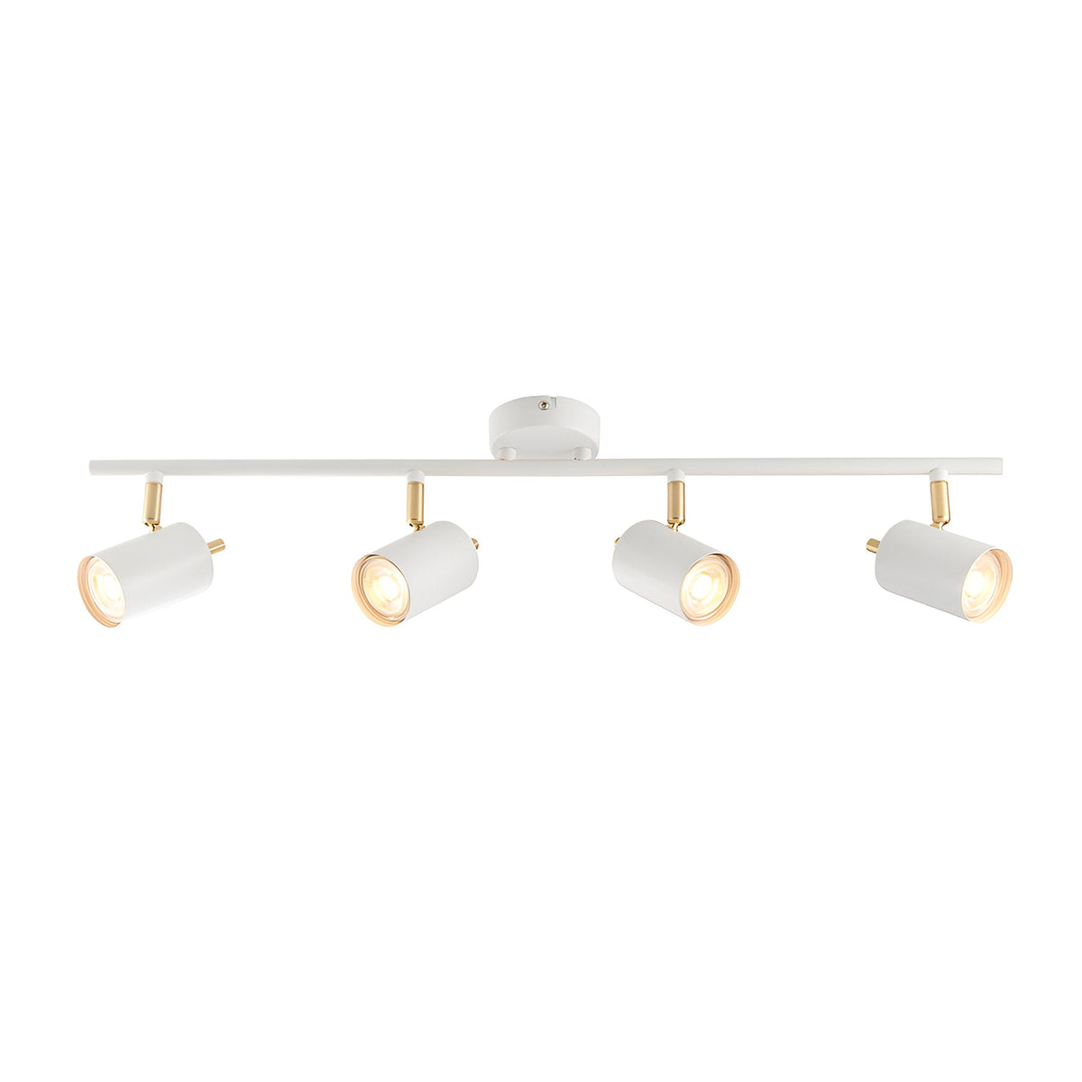 Endon Radnor 4 light spotlight bar in matt white with brass fittings and four adjustable GU10 heads, shown on a plain white background.