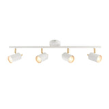 Endon Radnor 4 light spotlight bar in matt white with brass fittings and four adjustable GU10 heads, shown on a plain white background.