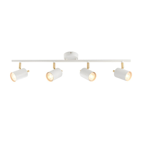 Endon Radnor 4 light spotlight bar in matt white with brass fittings and four adjustable GU10 heads, shown on a plain white background.
