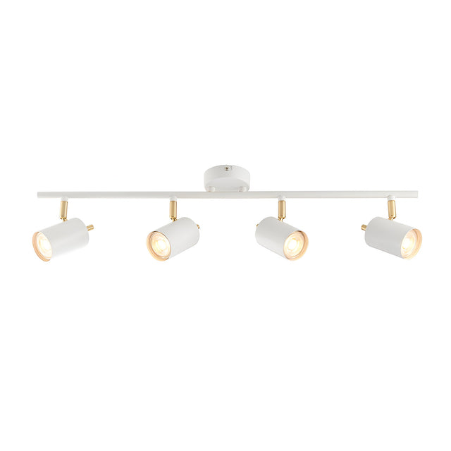 Endon Radnor 4 light spotlight bar in matt white with brass fittings and four adjustable GU10 heads, shown on a plain white background.