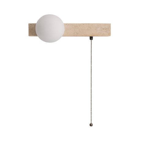 The Lunaro 1 Light Bar Travertine Wall Light With Pull Switch in light beige features a horizontal rectangular base, a round white globe on the left, and a sleek pull switch—an elegant addition to any space.