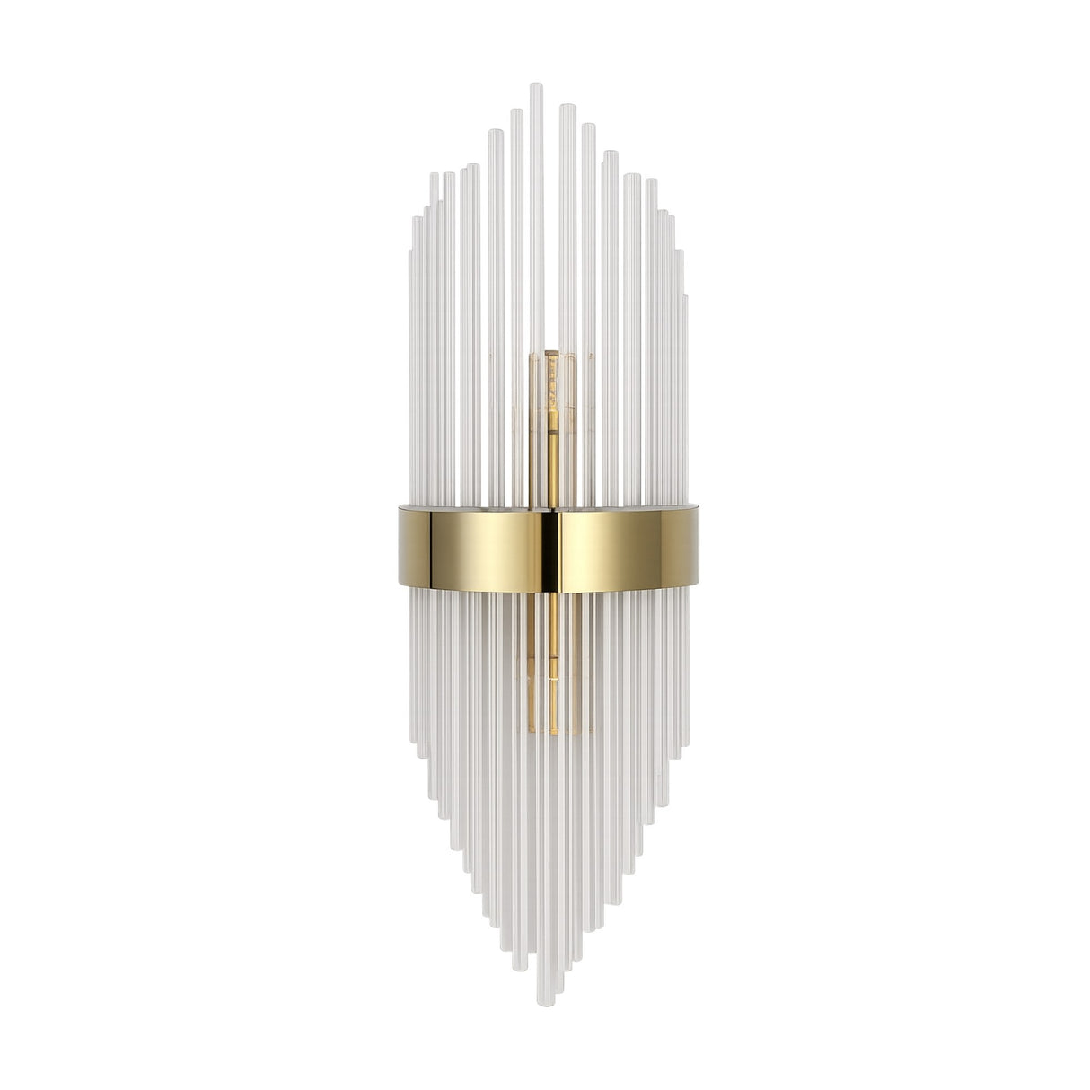 The Oriana 2 Light Crystal Wall Light - Gold features vertical clear glass rods in a fan-shaped design and a central gold metal band, making it an elegant choice for adding luxurious lighting to any room.