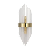 The Oriana 2 Light Crystal Wall Light - Gold features vertical clear glass rods in a fan-shaped design and a central gold metal band, making it an elegant choice for adding luxurious lighting to any room.