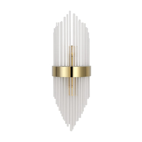 The Oriana 2 Light Crystal Wall Light - Gold features vertical clear glass rods in a fan-shaped design and a central gold metal band, making it an elegant choice for adding luxurious lighting to any room.