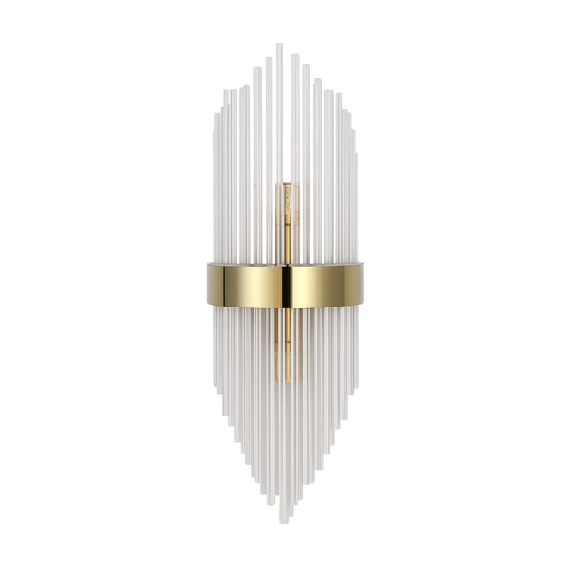 The Oriana 2 Light Crystal Wall Light - Gold features vertical clear glass rods in a fan-shaped design and a central gold metal band, making it an elegant choice for adding luxurious lighting to any room.