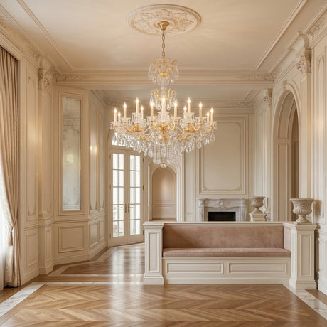 An elegant, cream-colored room features ornate wall paneling, the Vienna 24 Light K9 Crystal Chandelier, large draped windows, a fireplace, and a cushioned built-in bench on a polished herringbone wood floor.