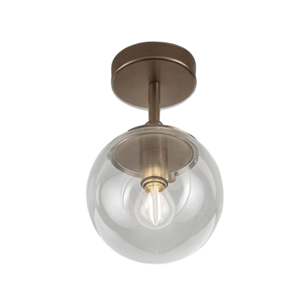 Global 1 Light Globe Ceiling Light, a flush-mount fitting with a round bronze base and clear acrylic globe diffuser housing a single E14 bulb, shown on a white background.
