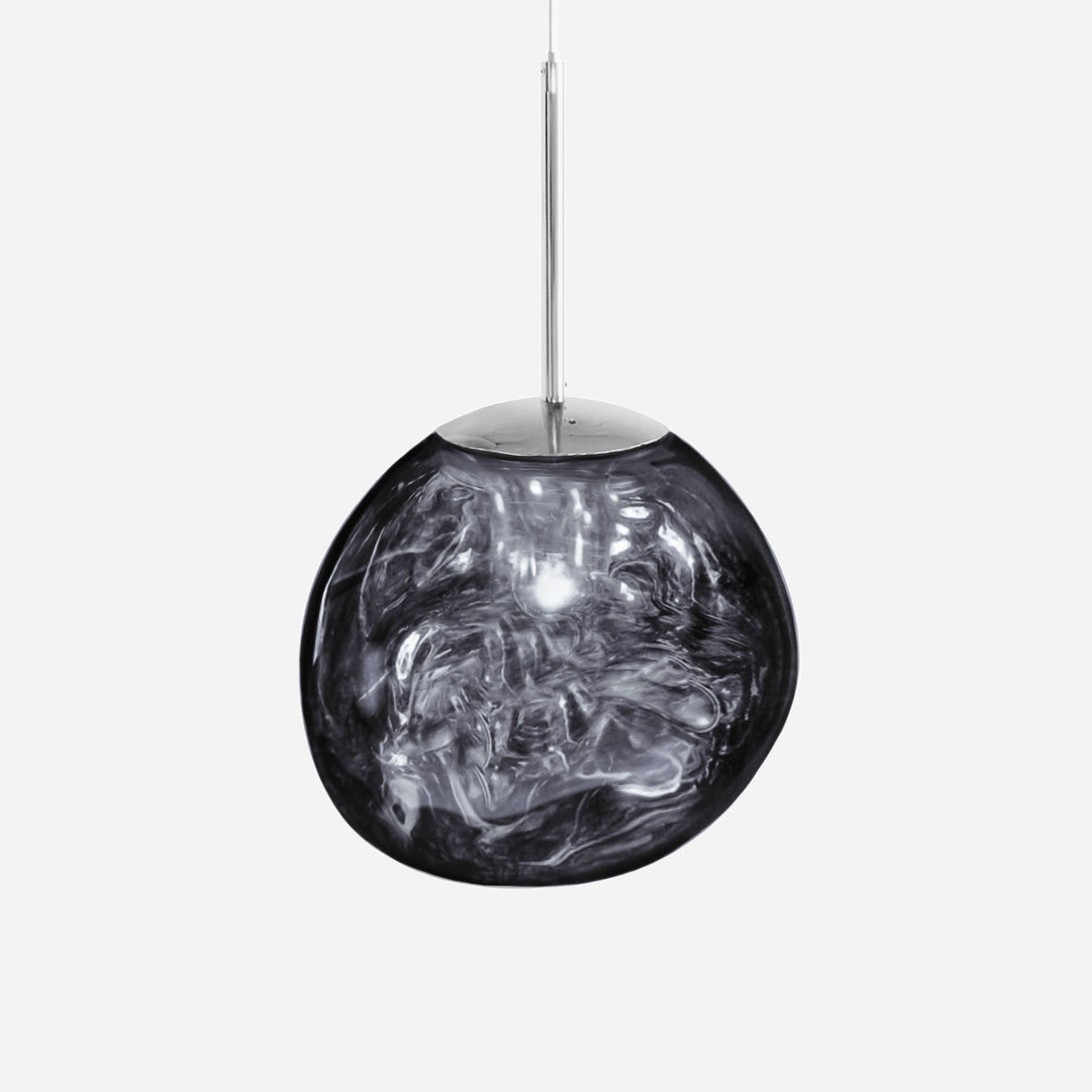The Ex-Display Lava Small Pendant Light - Silver showcases a round, smoky glass shade with swirling patterns, elegantly suspended from a sleek silver rod, perfect for adding modern style to any space.