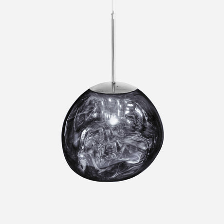 The Ex-Display Lava Small Pendant Light - Silver showcases a round, smoky glass shade with swirling patterns, elegantly suspended from a sleek silver rod, perfect for adding modern style to any space.