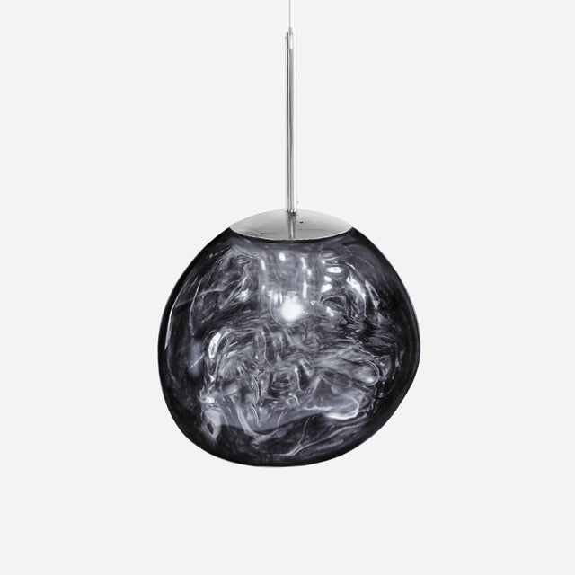 The Ex-Display Lava Small Pendant Light - Silver showcases a round, smoky glass shade with swirling patterns, elegantly suspended from a sleek silver rod, perfect for adding modern style to any space.