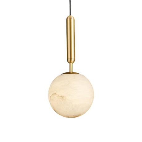 The Lucentis 1 Light Globe Alabaster Single Pendant Light in Soft White & Brass hangs elegantly, adding a modern touch and gentle illumination to any space.