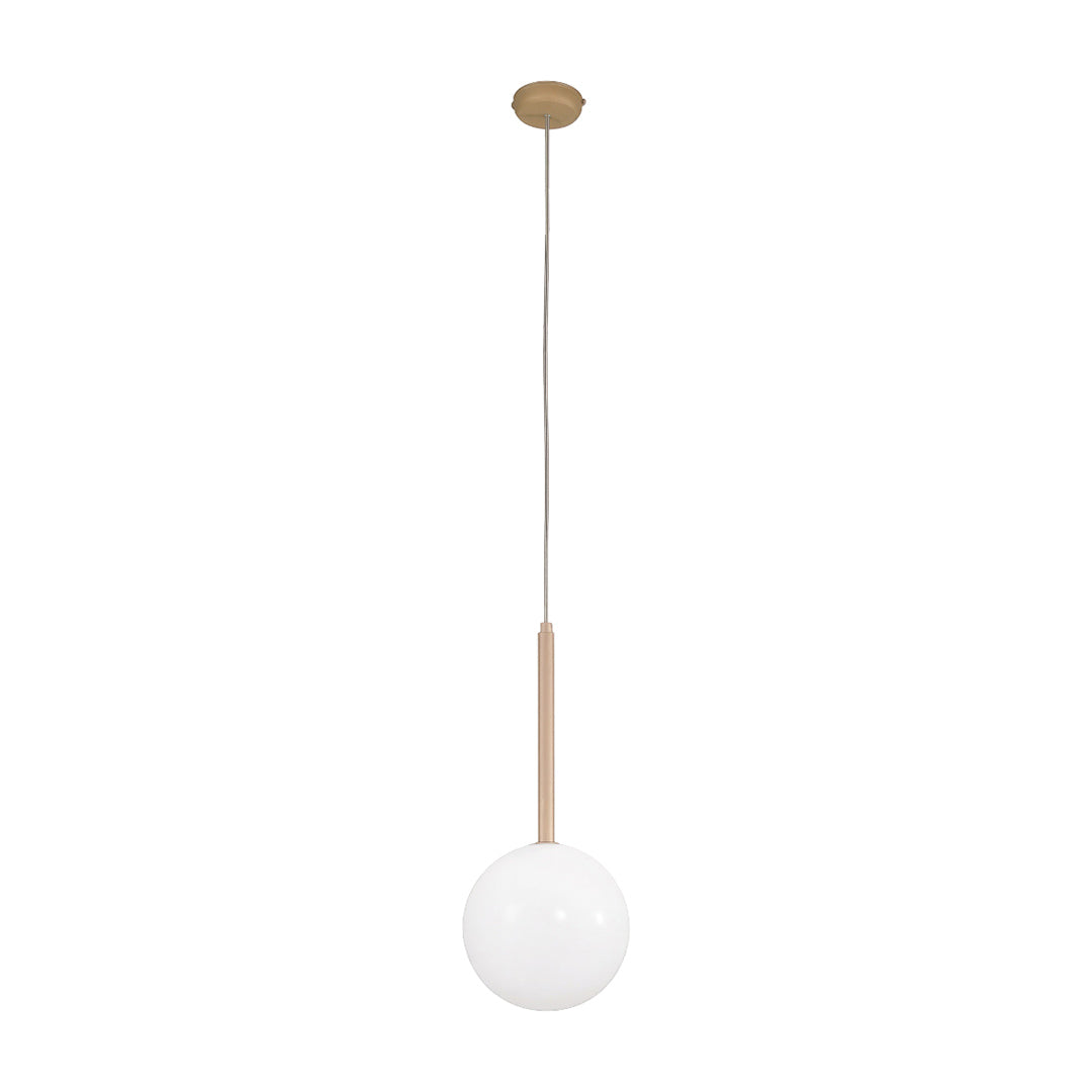 Libra Glass Globe Pendant Light 12cm with a white glass sphere shade on a slim champagne metal drop and matching round ceiling plate, shown on a plain white background.