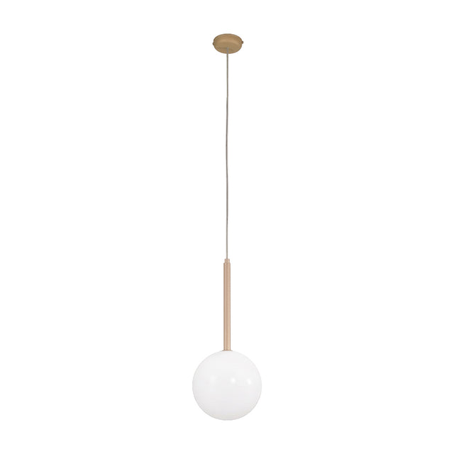 Libra Glass Globe Pendant Light 12cm with a white glass sphere shade on a slim champagne metal drop and matching round ceiling plate, shown on a plain white background.
