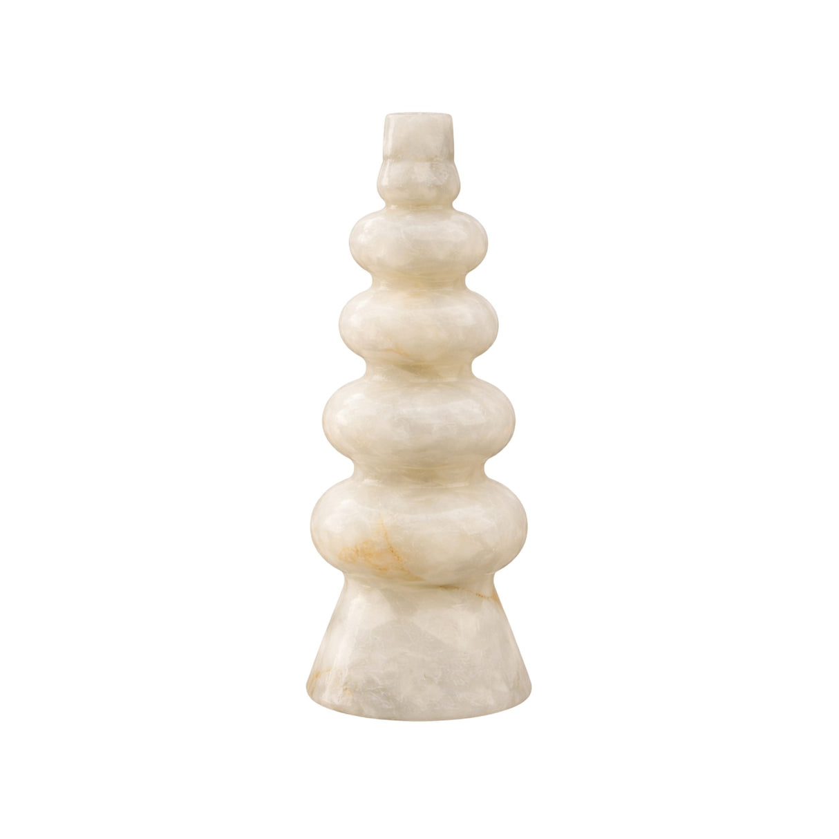 The Virelle LED Totem Alabaster Table Lamp in soft white features smooth Spanish alabaster with a tiered, rounded design that narrows at the top and stands upright on a flat base.