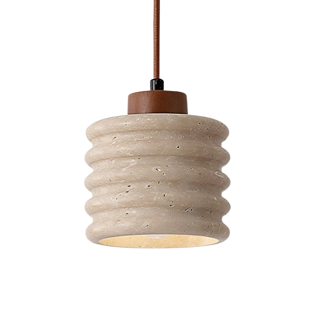 The Rivano 1 Light Ribbed Drum Travertine Single Pendant Light in Walnut Brown & Light Beige features a beige cylindrical concrete form, walnut accent at the top, and a matching brown cord for a refined look.