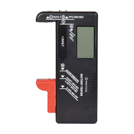 Mercury Universal Digital Battery Tester with LCD screen, black casing, red sliding arm, and labelled slots for AA, AAA, C, D, 9V and button cells.
