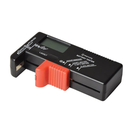 Mercury Universal Digital Battery Tester with LCD screen, red sliding contact and labelled battery slots, shown on a white background.