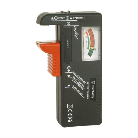 Mercury Universal Analogue Battery Tester with red sliding contact, colour-coded needle dial, and slots for AA, AAA, C, D, 9V and button cells.