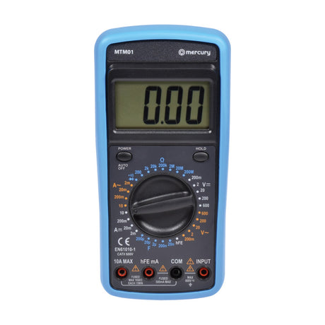 Mercury MTM01 handheld digital multimeter with blue rubber holster, LCD display, central rotary dial and four input ports, on a plain white background.