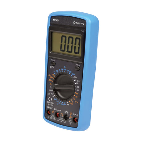 Mercury MTM01 handheld digital multimeter in a blue rubber holster with LCD display, central rotary dial, POWER and HOLD buttons, and four input sockets.