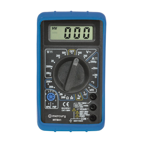 Mercury MTB01 digital multimeter with black rotary dial, LCD display, probe ports and blue PVC shockproof jacket, shown on a plain white background.
