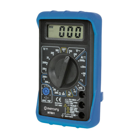 Mercury MTB01 digital multimeter in a blue PVC shockproof jacket with LCD display, rotary dial, and probe ports, shown on a plain white background.