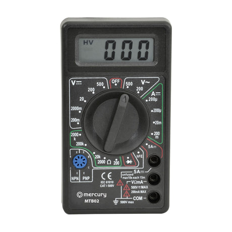 Mercury MTB02 handheld digital multimeter in black with LCD display, central rotary dial, transistor test socket and probe ports, on a white background.