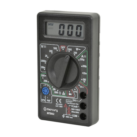Mercury MTB02 handheld digital multimeter in black with LCD display, central rotary dial, transistor test socket and three probe ports on a white background.