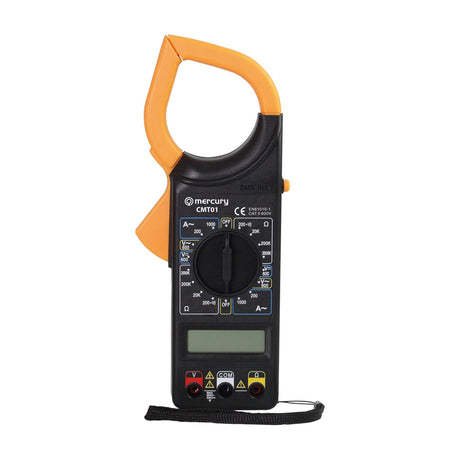 Mercury CMT01 clamp-on digital multimeter with yellow jaw, black body, rotary dial, LCD screen, and V, COM and Ω probe sockets on a white background.