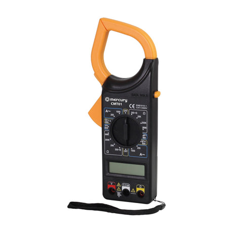Mercury CMT01 clamp-on digital multimeter with orange jaw, black body, rotary dial, LCD screen, probe ports and wrist strap on a white background.