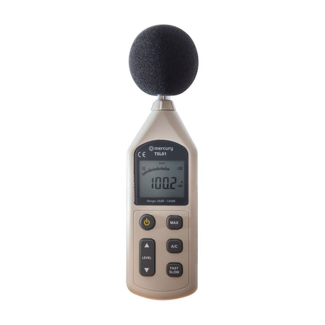 Mercury TSL01 handheld digital sound level decibel meter with foam windshield, LCD display reading 100.2 dB, and control buttons on a white background.
