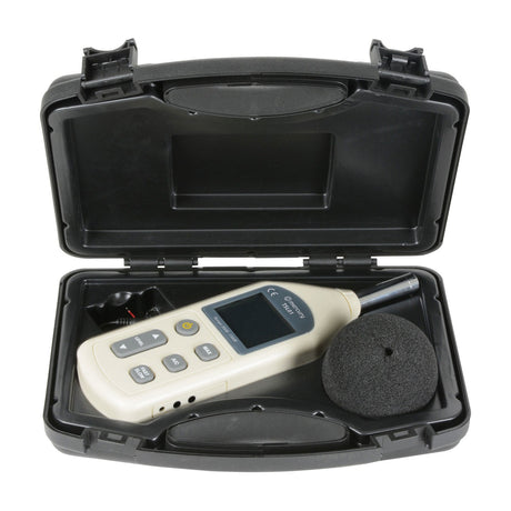Mercury TSL01 digital sound level decibel meter in cream with LCD screen and control buttons, shown inside its open black hard plastic case with windshield.